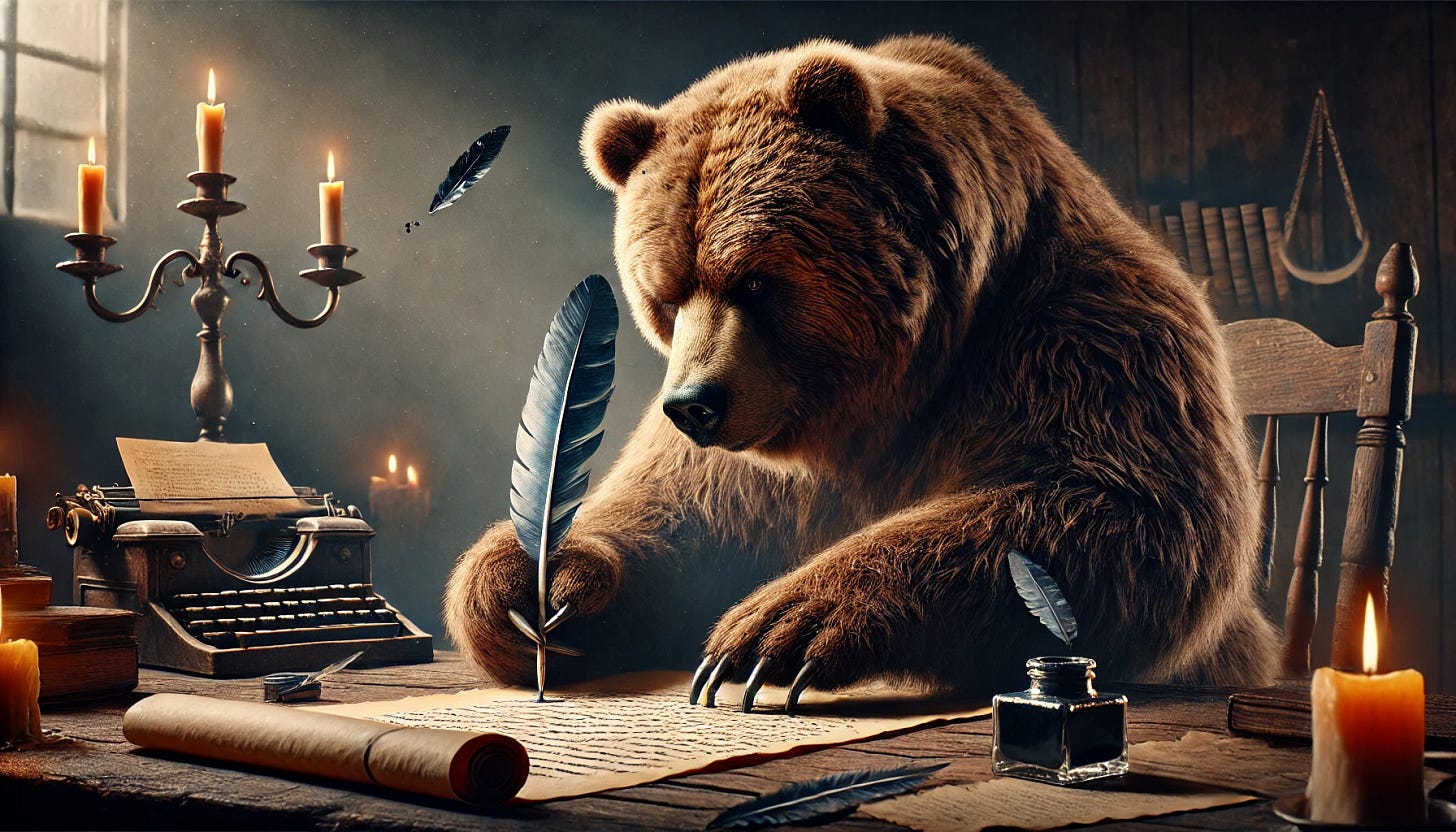 A large grizzly bear furiously writing with a quill pen on parchment paper. The bear's brow is furrowed in intense concentration, and ink splatters around as it writes. The scene is set in a dimly lit wooden cabin, with candlelight casting dramatic shadows. The desk is cluttered with old books, scrolls, and an inkwell. The bear's fur is slightly ruffled, emphasizing its passion and determination.