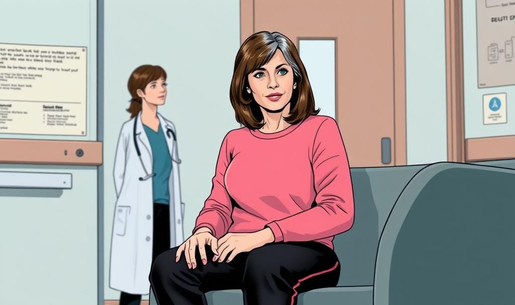 A midlife woman is at the doctors. A female doctor waits in the background.