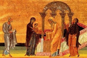 St. Joseph carries the two doves required for purification of a mother. Presentation of Jesus in the Temple, Menologian of Basil II, 1000