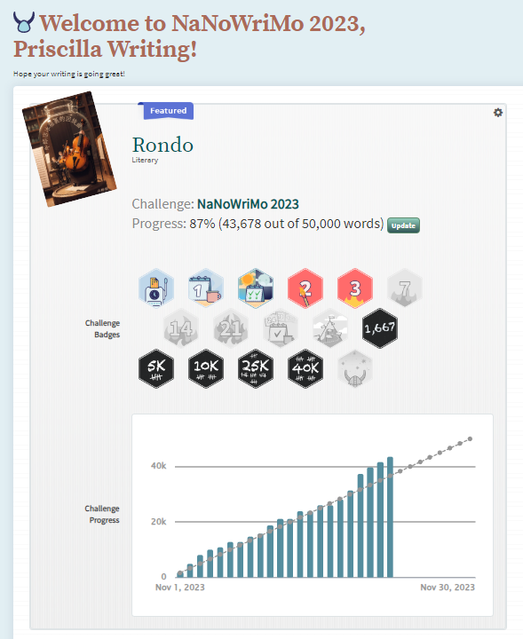 Screenshot of nanowrimo website for november 2023 bar for word count above expectation 
