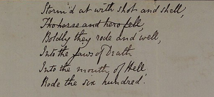 Six handwritten lines from The Charge of the Light Brigade, the second crossed out ("Tho horse and hero fell")