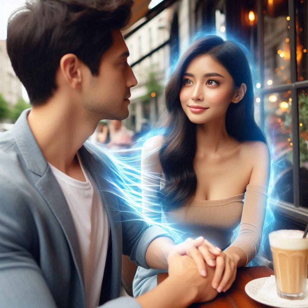  photo realistic.  A man and a very beautiful asian woman are on a date. The man is off camera you, can only see his arms and hands. He is holding the woman's hands lightly.  She is staring lovingly at him only.  She has a blue power radiating from her because of her attraction to him