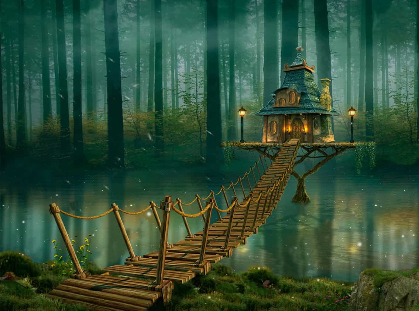 A circular wooden house on a platorm above a lake. Fairy style and with a wooden bridge linking to it and lights and fireflies lighting the gloom