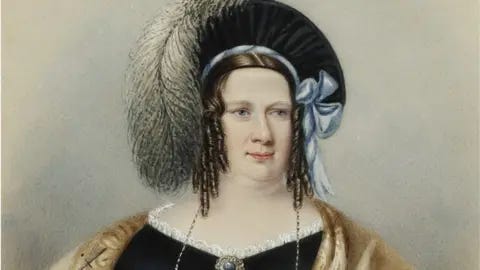 A painted portrait of a disabled white woman with bouncy brown curls in her hair underneath a blue ribbon and a fancy feather hat.