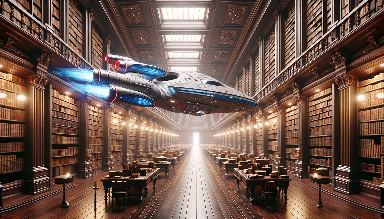 A futuristic spaceship, designed in the style of Star Trek, flying through an expansive antique library. The library is filled with towering wooden bookshelves, each packed with old, leather-bound books. The spaceship, sleek and silver, with blue and red details, is equipped with advanced technology for collecting information. It hovers gracefully among the bookshelves, with a beam of light scanning books as it passes by. The scene combines the elements of sci-fi and vintage, showcasing a blend of future technology and historical charm.