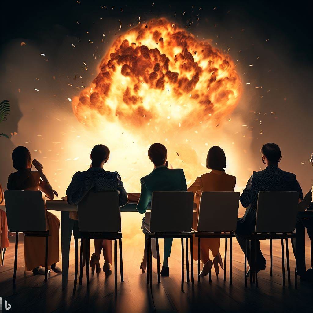 people are sitting in a meeting but an explosion goes off
