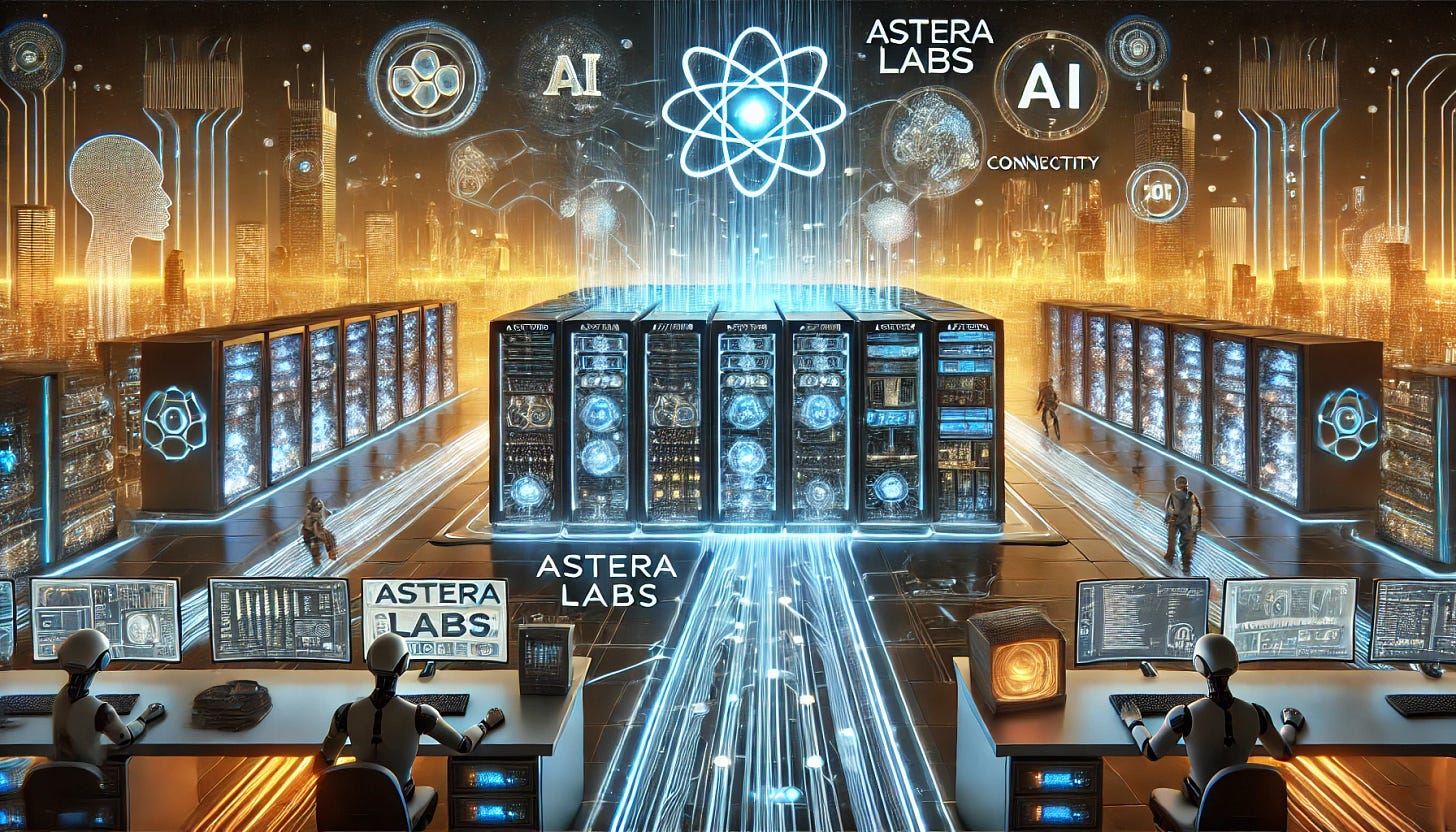 A 16:9 futuristic illustration showcasing Astera Labs driving AI connectivity growth. The scene features a high-tech AI data center with glowing server racks interconnected by Astera Labs’ advanced connectivity solutions. High-speed data streams flow between AI processors, symbolizing seamless communication. The Astera Labs logo is prominently displayed on a central processing hub, emphasizing its role in AI infrastructure. Engineers and robotic systems monitor network performance, while holographic overlays highlight data transfer speeds and connectivity metrics. The background features a futuristic cityscape, symbolizing the expansion of AI-driven computing.