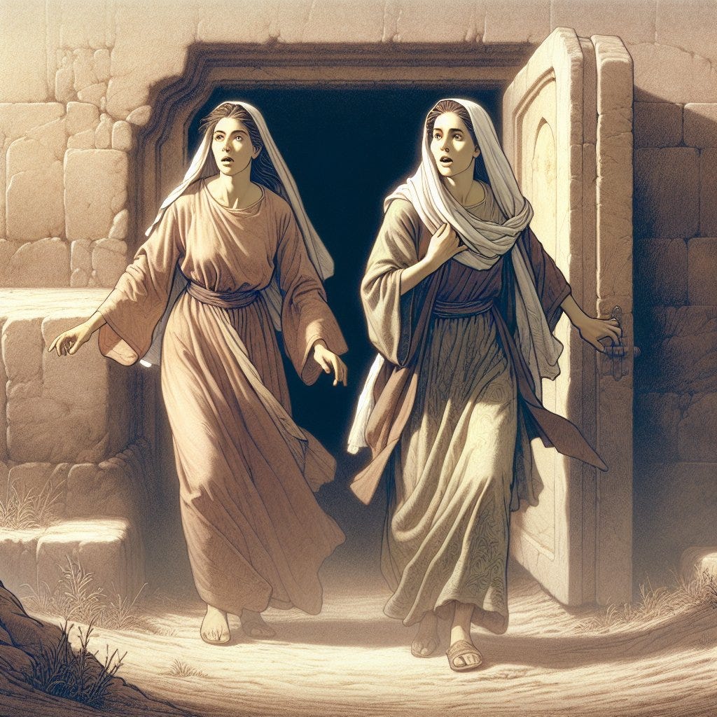 Matthew 28:8 - "And they departed quickly from the sepulchre with fear and great joy; and did run to bring his disciples word."