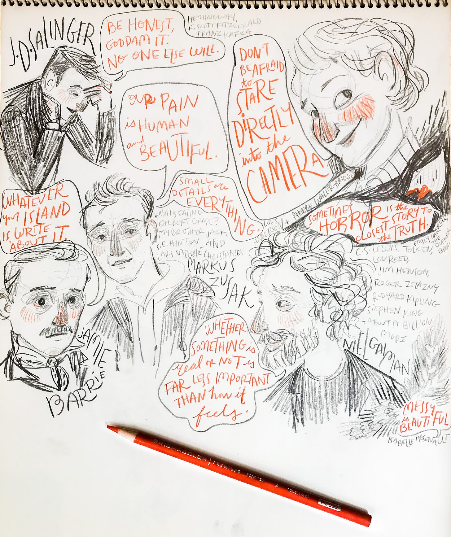 Hand drawn authors including Neil Gaiman saying Whether something is real or not is less important than how it feels.