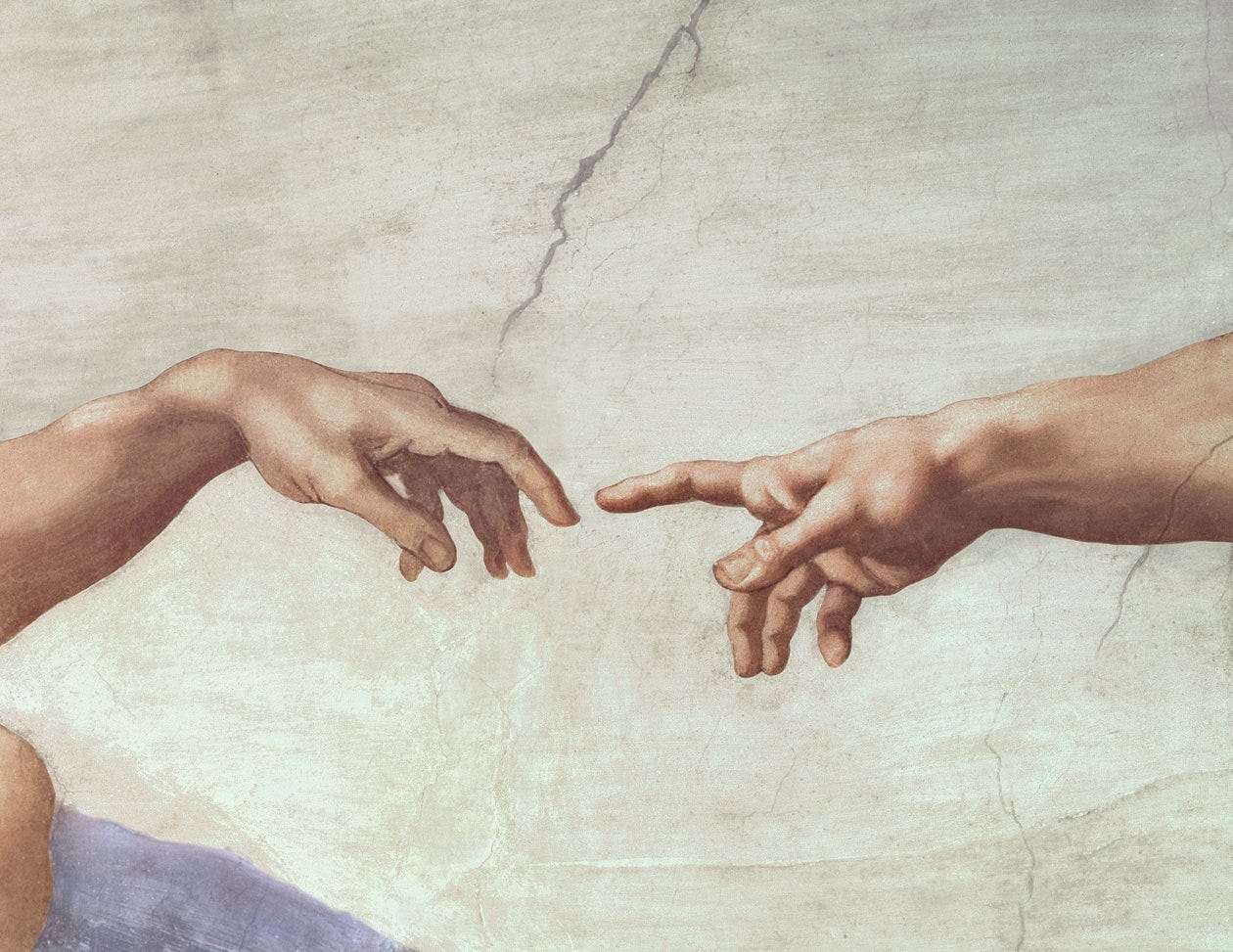 Hands of God and Adam, detail from The Creation of Adam, from the Sistine Ceiling, 1511 (pre restoration) by Michelangelo Buonarroti