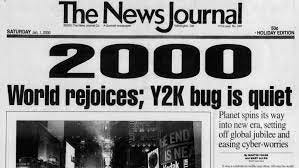 A black and white image of a newspaper front page that reads "The News Journal" The main headline is "2000: World rejoices; Y2K bug is quiet."