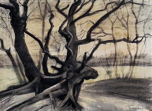 A drawing of gnarled black tree roots
