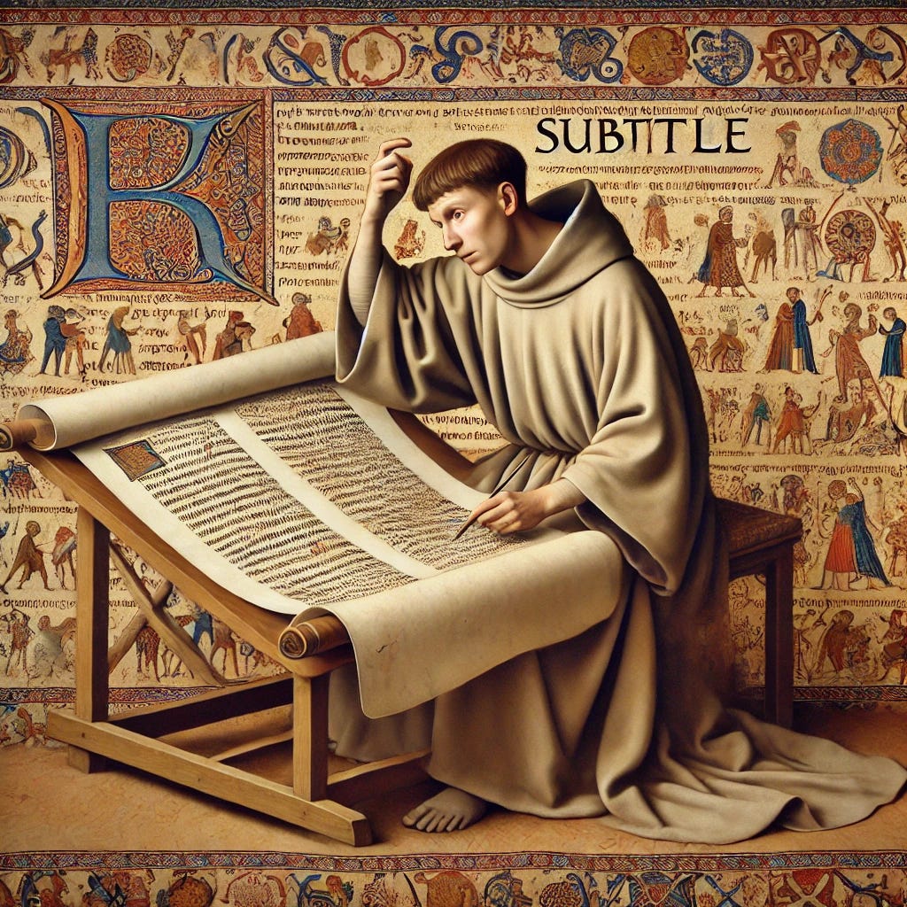 An oil painting of a monk working on an illuminated manuscript in the style of the Bayeux Tapestry. The monk, dressed in simple, flowing robes, is seated at a wooden desk with an ornate, partially completed manuscript in front of him. He is scratching his head in puzzlement, contemplating whether to give his work a subtitle as well as a title. The word 'subtitle' is written somewhere in the picture. The background features medieval motifs and tapestries, with muted, earthy colors and intricate patterns typical of the Bayeux Tapestry style.