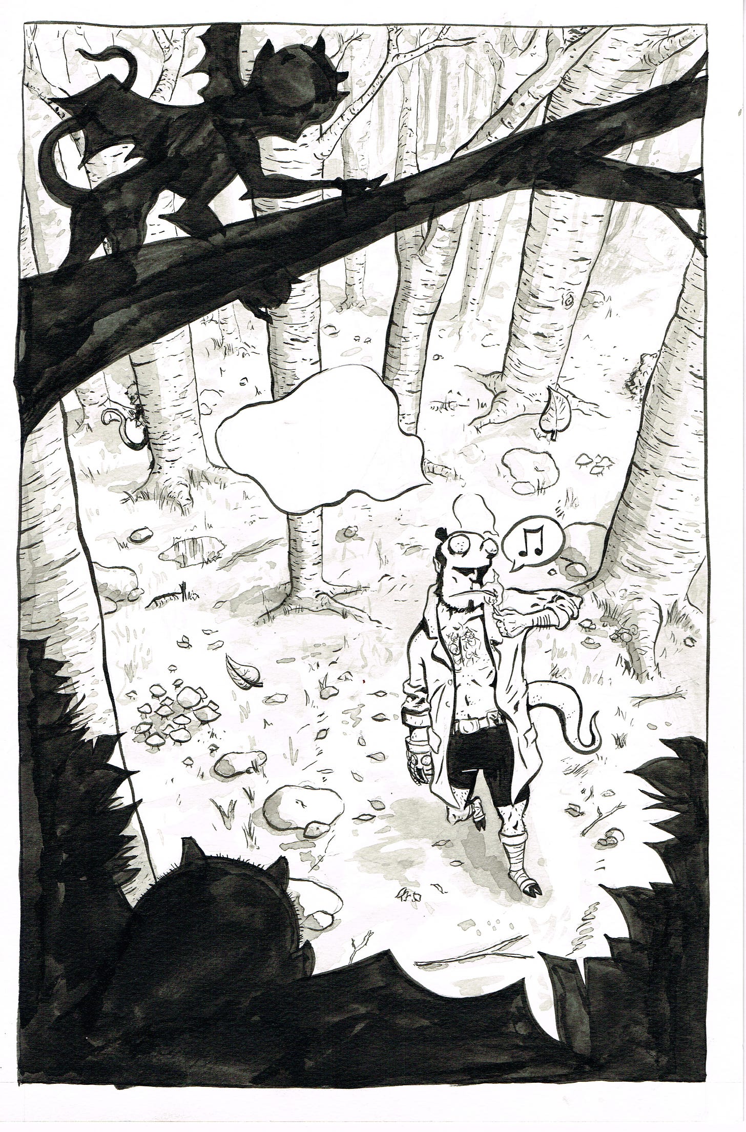 A black and white ink drawing of Hellboy walking through a forest of bare birch trees.