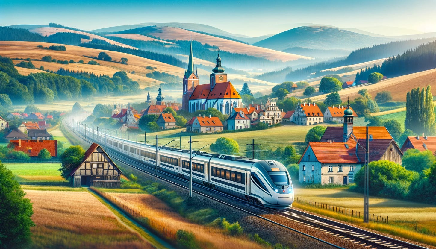 A scenic image of a modern electric train traveling through the picturesque countryside of Poland, with rolling hills, traditional Polish architecture, and a clear blue sky. The train is depicted as a symbol of modern transportation, blending seamlessly into the historic and natural beauty of the region.
