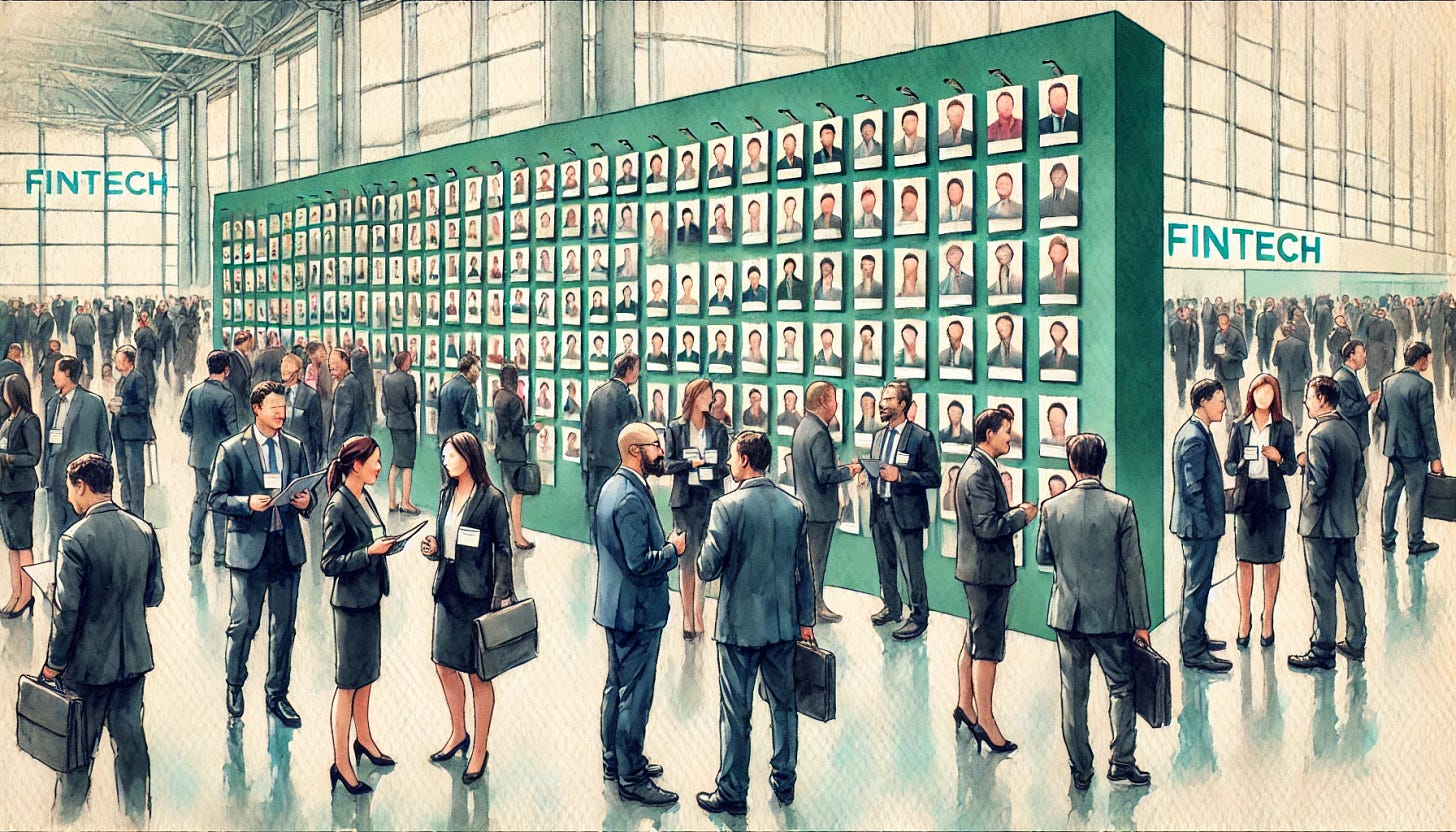 A minimalist watercolor painting of a busy Fintech networking event. Attendees in formal business attire are actively discussing and engaging with a large green wall filled with numerous very small portrait photos. The people are pointing at the photos, making connections, and networking. The painting features soft color blending, gentle gradients, and brilliant tones, maintaining a clean and simple composition with basic shapes. The atmosphere is professional yet dynamic, capturing the essence of a major industry meetup.