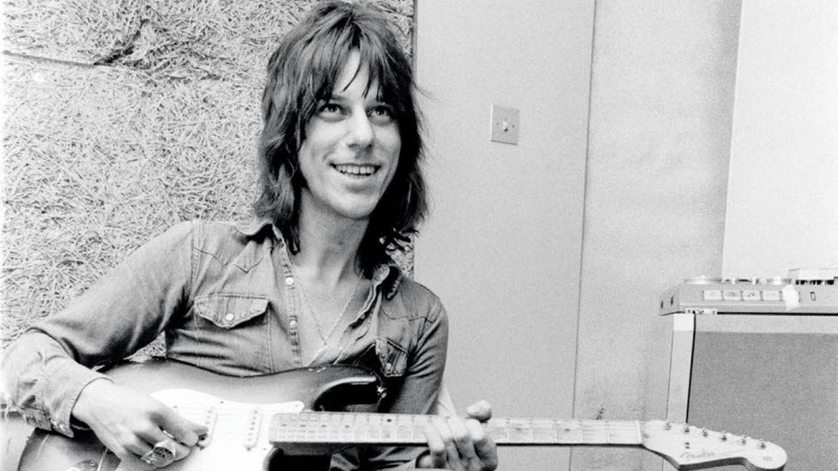 Jeff Beck pictured in the studio with a Fender Stratocaster guitar.