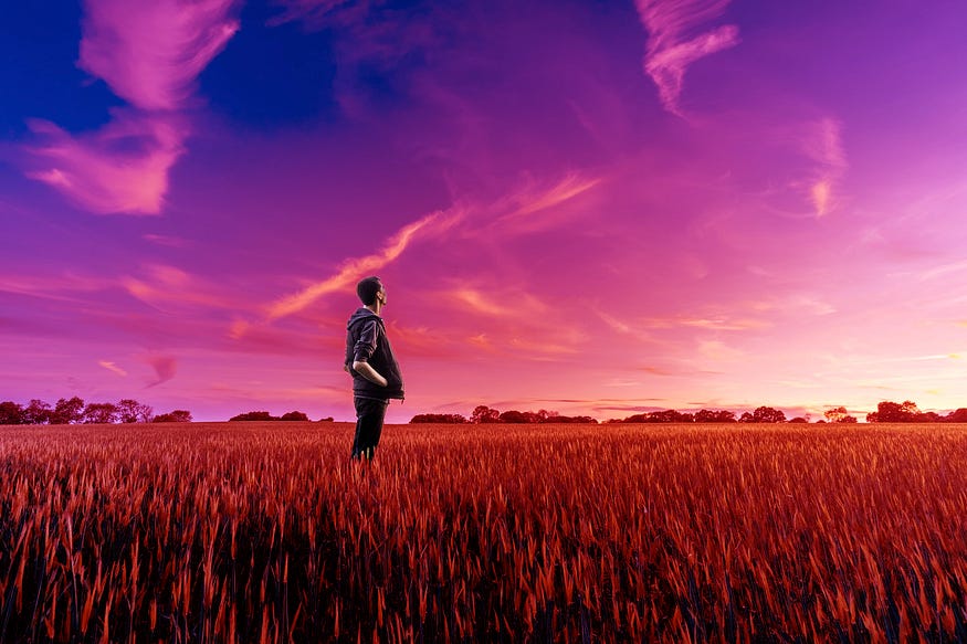 man on field watching the sky