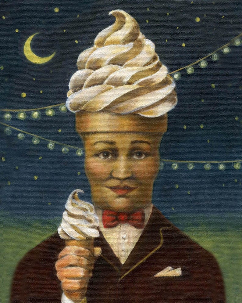 Realistic, humorous portrait of a Mr Softee ice cream cone with a face, dressed in a suit with a night time sky