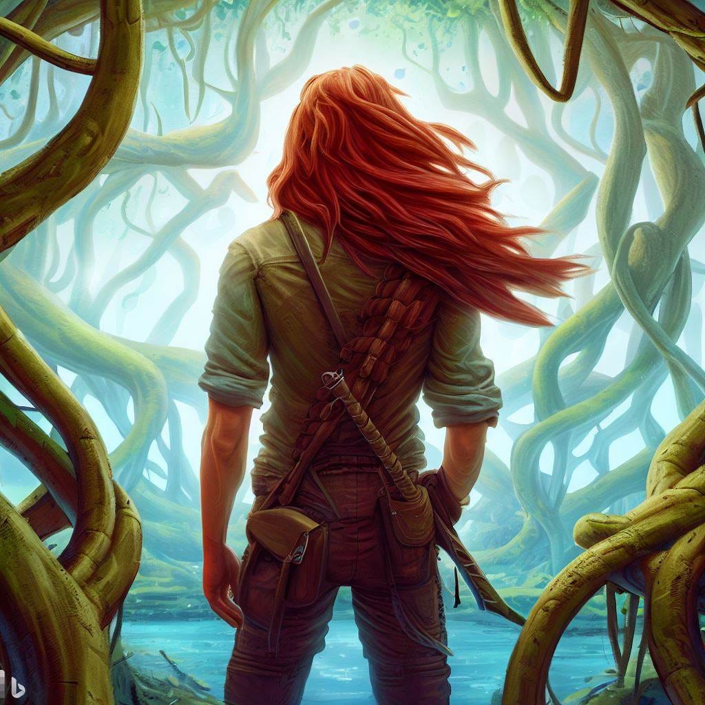 male adventurer, long red hair, back turned, in a magical tropical forest, mangroves connected together into one entity, fantasy drawing