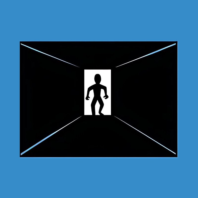 Silhouette of a person walking through a white doorway at the end of a long, dark, angular corridor. The image is framed in blue, with stark contrast between light and shadow. Silhouette of a person walking through a white doorway at the end of a long, dark, angular corridor. The image is framed in blue, with stark contrast between light and shadow.