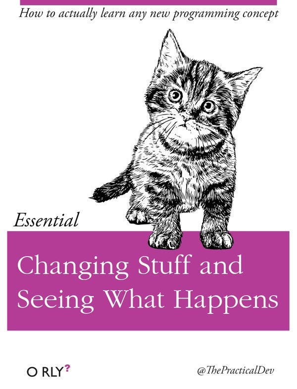 A fake O'reilly book with a title "Changing Stuff and seeing What happens. How to actually learn any new programming concept" with an innocent, curious cat as the pet.