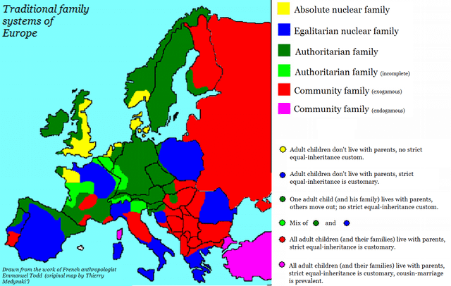 r/MapPorn - Traditional family systems of Europe, from the work of French anthropologist Emmanuel Todd. [1352x858]