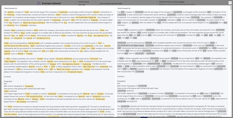 A screenshot of the Tonic Textual UI showing a before and after preview of sensitive values identified and redacted in a document.