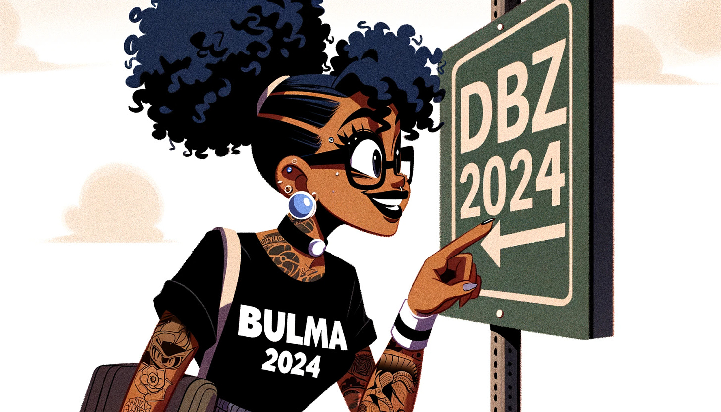 Create a wide 16:9 grainy style cartoon image of a beautiful black woman with tattoos and her makeup done. She has her hair in a ponytail with big curly blue hair and is wearing black glasses. She's wearing a shirt that says 'Bulma' and is looking at a sign that says 'DBZ 2024'. The image should capture her excitement and interest in the sign, reflecting her style and personality in an artistic, whimsical cartoon style.