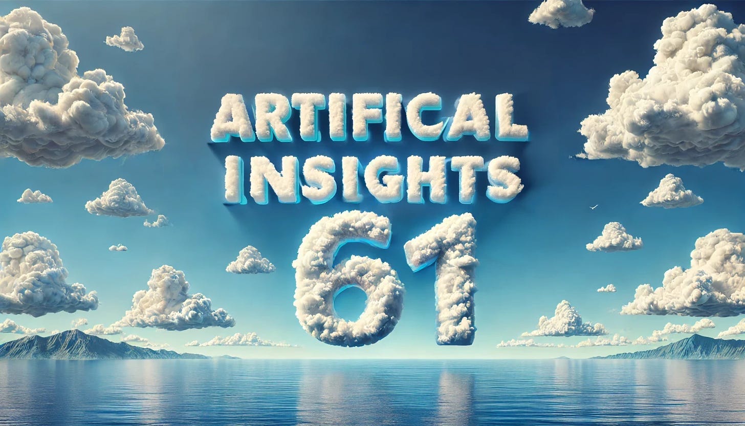 A horizontal image featuring the text 'Artificial Insights' in a sleek, modern 2D font, integrated into the scene. The number '6' is written as clouds in the sky. The background is an ultra-realistic depiction of a bright, clear blue sky with a few white fluffy clouds. The horizon shows the ocean, adding a natural element to the scene. Ensure the text 'Artificial Insights' and the cloud-formed number '6' are accurately placed and legible.