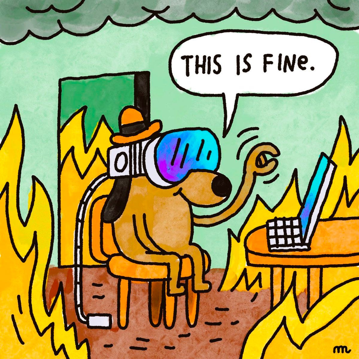 this is fine dog meme the dog sitting in the burning room wearing an apple vision pro arm up in the air for an unseen task, oblivious to his situation, the speech bubble says this is fine (found on social media)
