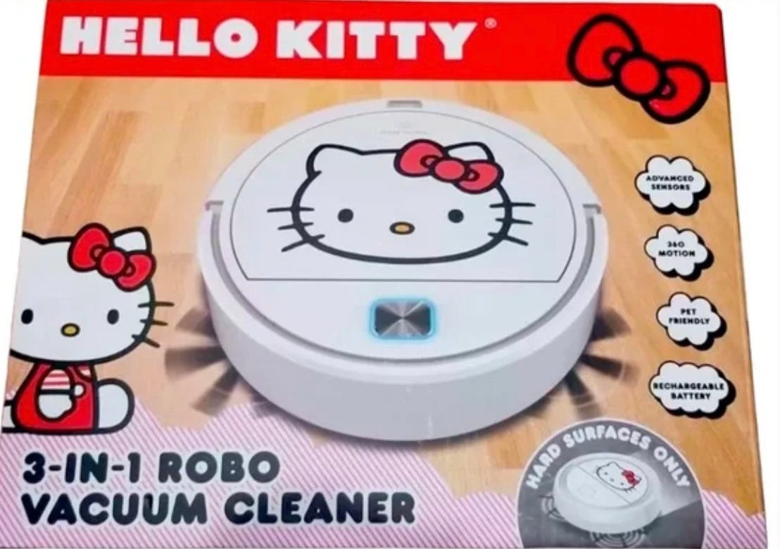 A caption of a Hello Kitty robot vacuum. The name "Hello Kitty" is in white letters on top of a red banner at the top, and a picture of a sitting Hello Kitty sits in the lower-left corner. Center, in front of a hardwood floor, is a picture of a white circular robot with Hello Kitty's face on it. A caption of a Hello Kitty robot vacuum. The name "Hello Kitty" is in white letters on top of a red banner at the top, and a picture of a sitting Hello Kitty sits in the lower-left corner. Center, in front of a hardwood floor, is a picture of a white circular robot with Hello Kitty's face on it.
