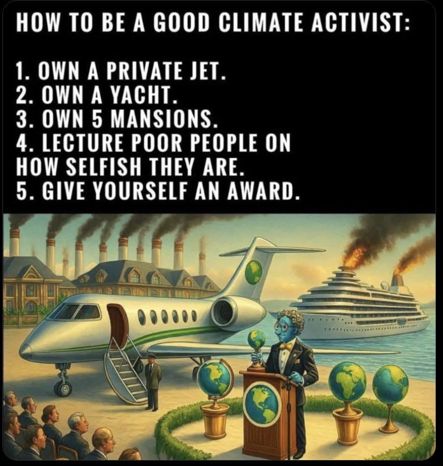 May be an image of 4 people and text that says 'HOW TO BE BE A GOOD CLIMATE ACTIVIST: 1. OWN A PRIVATE JET. 2. OWN A YACHT. 3. 3.0WN 5 MANSIONS. 4. LECTURE POOR PEOPLE ON HOW SELFISH HY ARE. 5. GIVE YOURSELF AN AN AWARD. IDE'