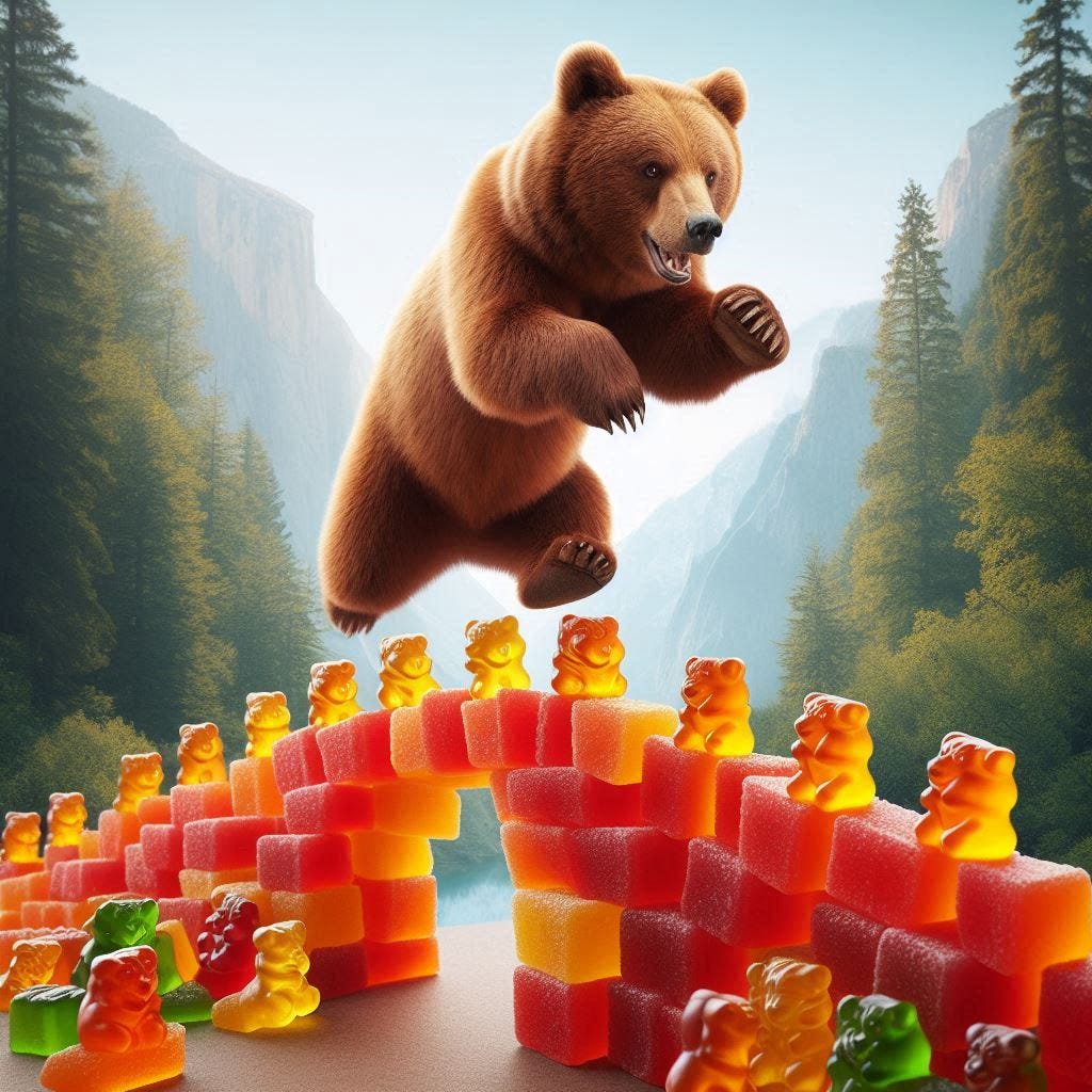 brown bear jumping over a bridge of gummy bears