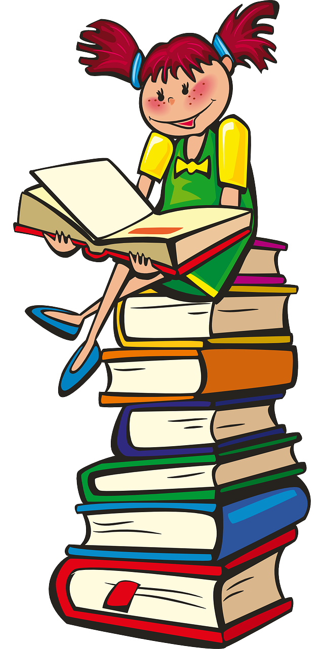 ALT: A girl seated on a stack of books reading and learning just as I learned from Duolingo