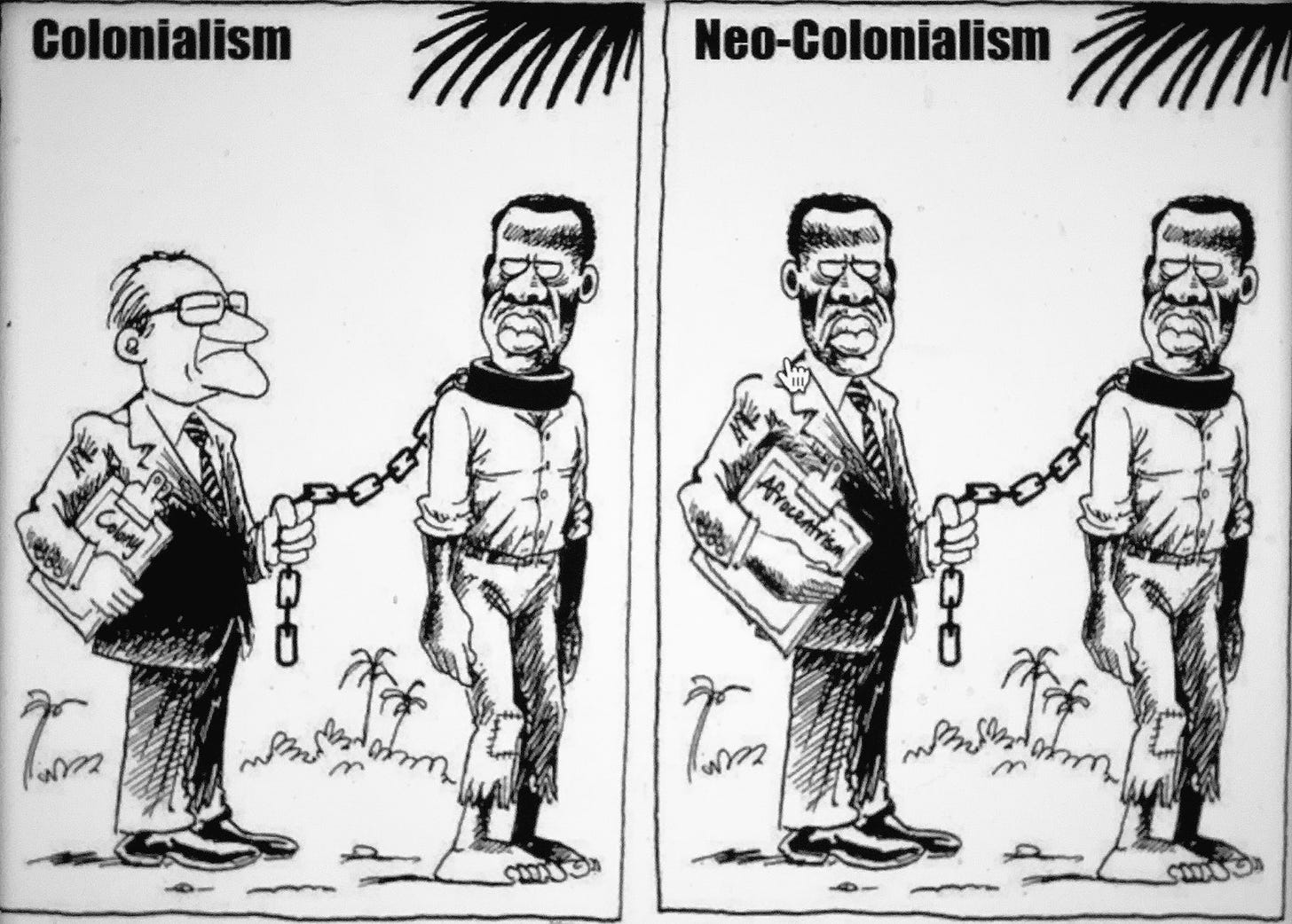 A cartoon showing colonialism by the white man and neo-colonialism by Africans on Africans