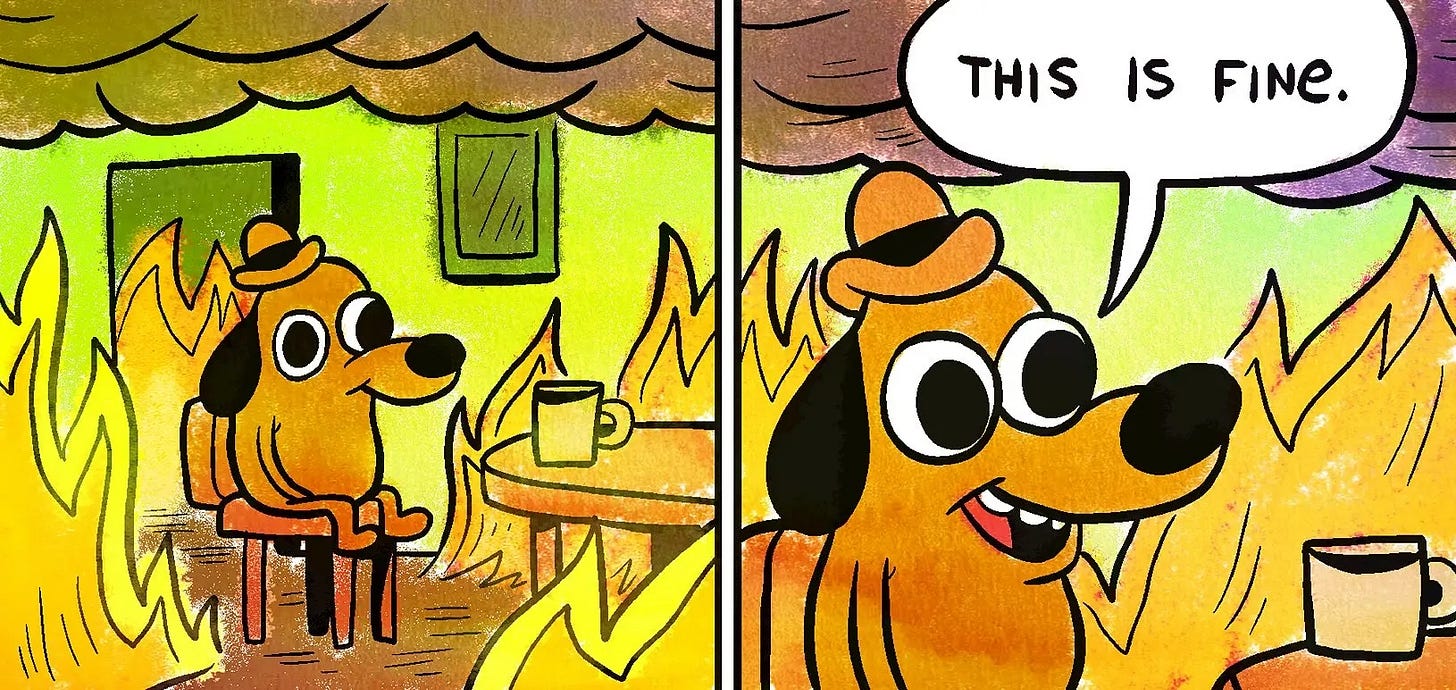 Las viñetas del perrito que toma café en una habitación llena de fuego, de K.C. Green. 
