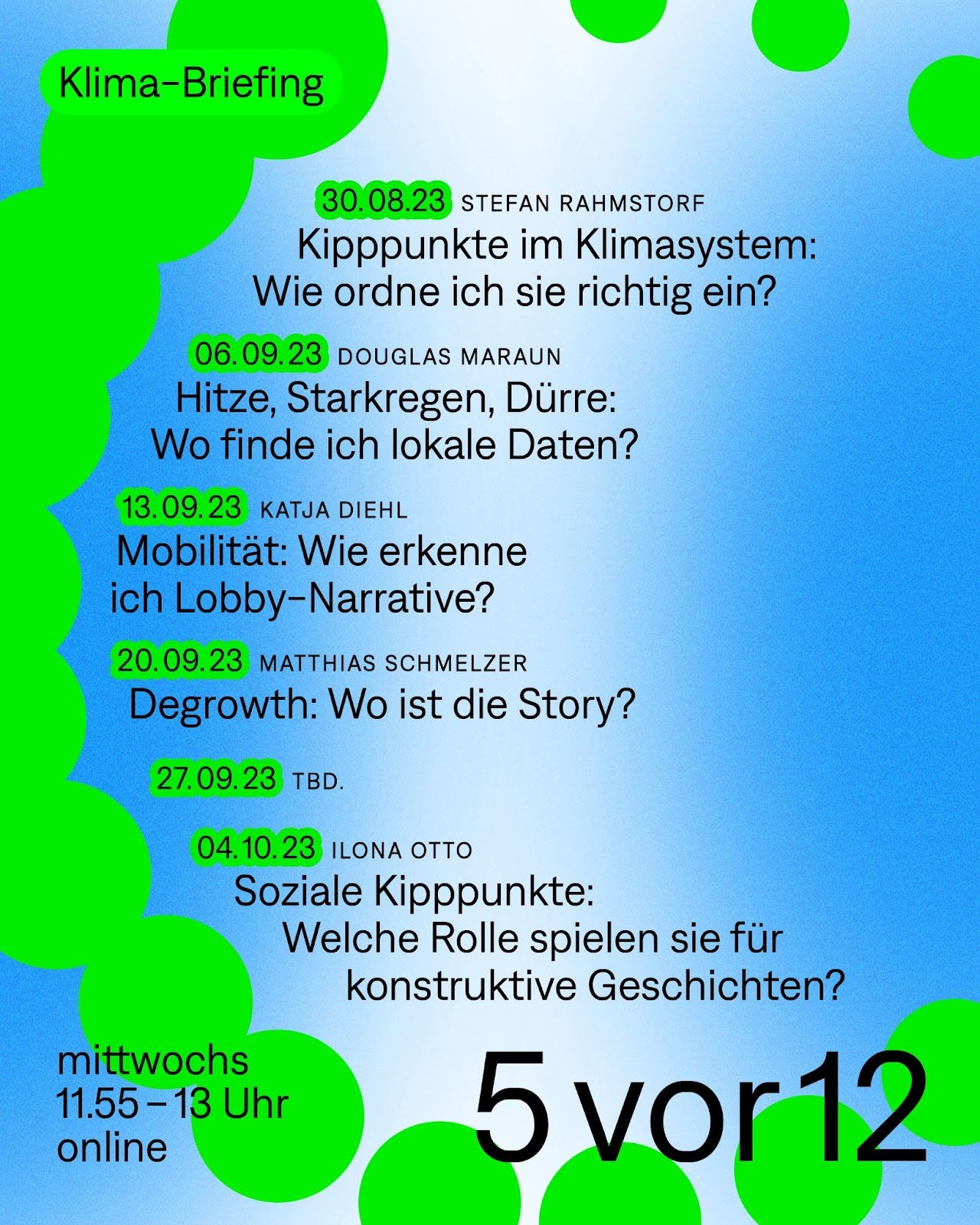 Flyer 5vor12 Klima-Briefing in den Farben blau und grün. Hier geht's zur Anmeldung: https://tally.so/r/mOlyM7