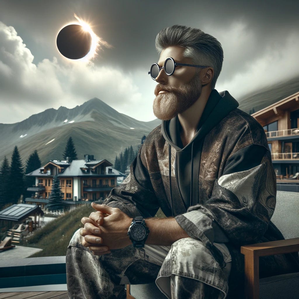 Create an image of a stylish, futuristic middle-aged man with a full beard and hair, sitting in a luxury mountain resort, anticipating an eclipse. The sky is overcast. He embodies a serene yet cool aura, dressed in avant-garde streetwear, a fusion of future and current fashion trends. He wears distinctive glasses, enhancing his mysterious allure in the cloudy ambiance. Surrounding him, the resort merges advanced technology with the natural environment, providing a unique viewing experience of the eclipse amidst the mountainous landscape. The atmosphere is charged with excitement for the eclipse, with a blend of natural beauty and futuristic elements.
