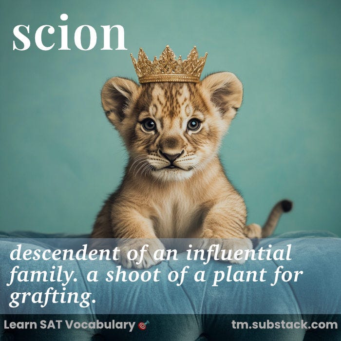 Illustration of a cute baby lion cub wearing a crown; used to illustrate the SAT word 'scion'.