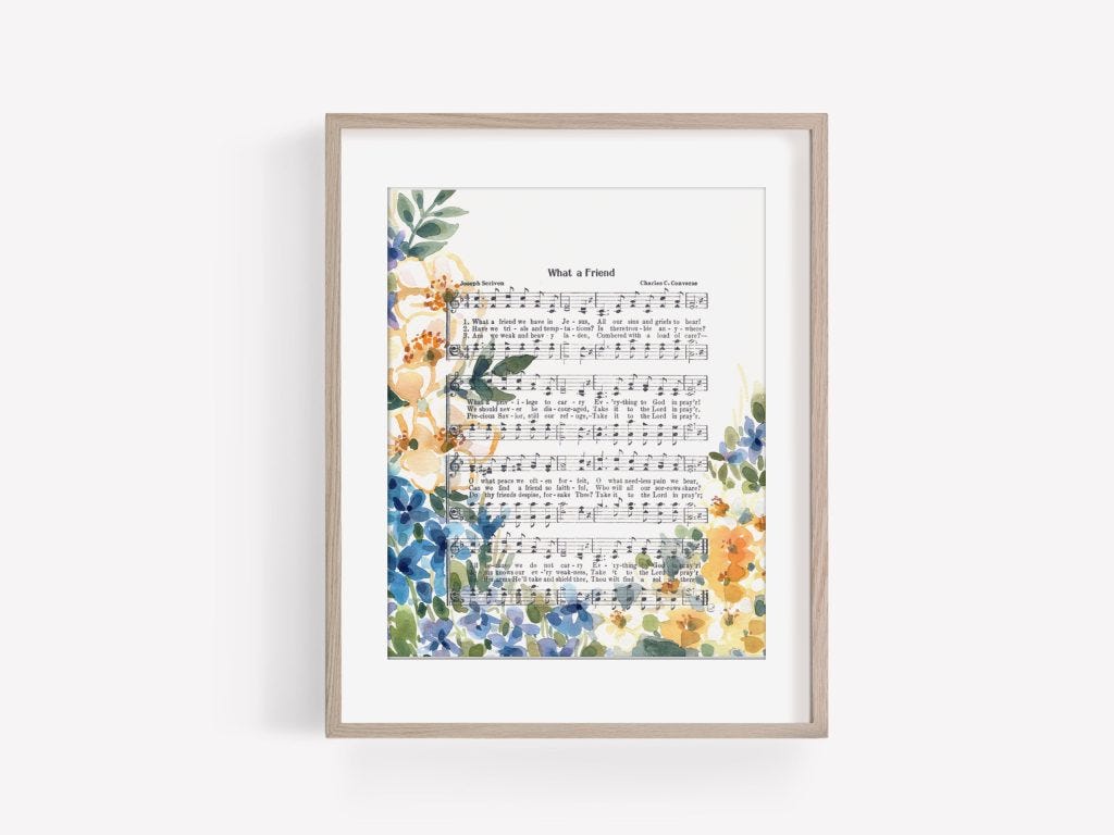 "What a Friend" Blue + Yellow Floral Hymn Art Print 5x7, 8x10, 11x14