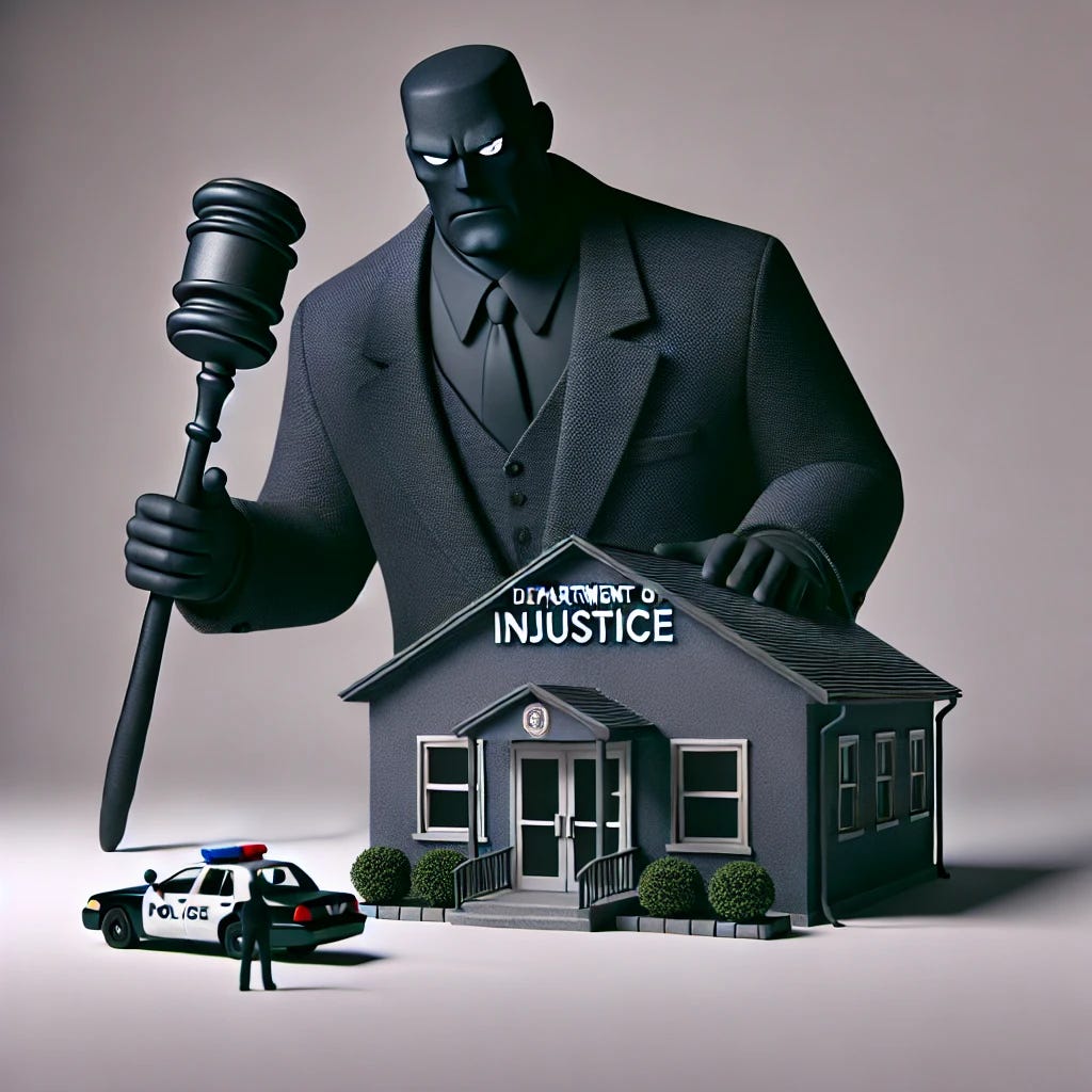 A large, ominous figure representing a 'Department of Injustice' official, dressed in a dark, intimidating suit, looming over a small police department building. The official should appear powerful and menacing, casting a long shadow over the police station, which looks small and vulnerable in comparison. The scene should convey a sense of overwhelming pressure and injustice, with the official towering over, holding a gavel or a document symbolizing bureaucracy and control.