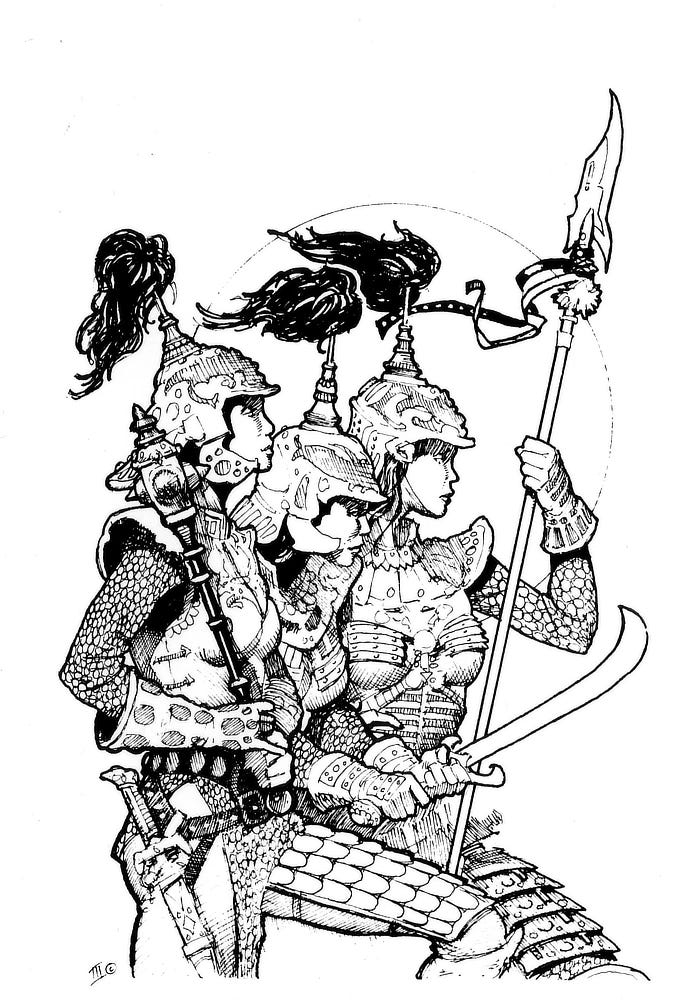 Three armored woman pose in profile against the outline of the moon. One holds a spear upright, another grips a short curving blade with both hands, and the third rests a mace on her shoulder. They are all heavily armored in chain mail and helms with tasseled peaks. 