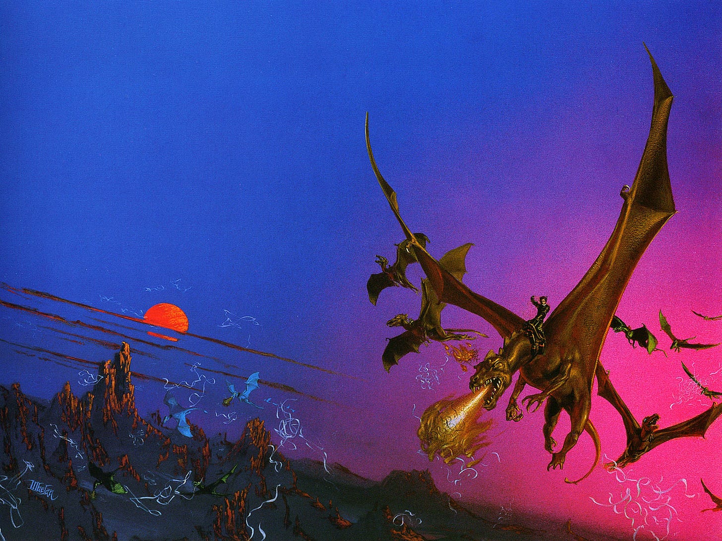 A flight of dragons patrols the skies of Pern as white Thread falls in tangled ribbons. With wings spread in a V and neck extended the lead dragon blasts a clump of Thread with a gout of fire. Its rider holds the saddle with one hand, the other flying out as if he were riding a bucking bronco. The horizon tilts 30 degrees so we catch a sliver of mountainous landscape. At the center of action, the foreground sky radiates electric pink out to cool blue of the back cover where the Red Star hangs low in the sky streaked by clouds. In the canyons below, green and white dragons swoop in pursuit of Thread.