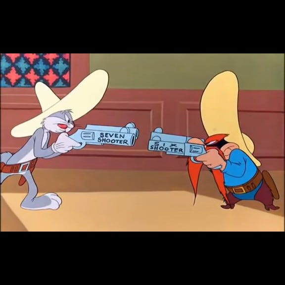 Bugs Bunny duel with Yosemite Sam, still frame 1.