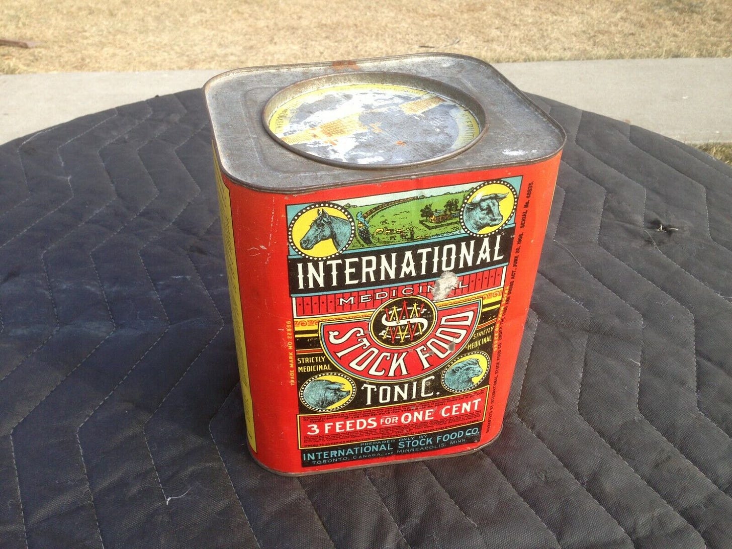 cannister that held International Stock Food Co product