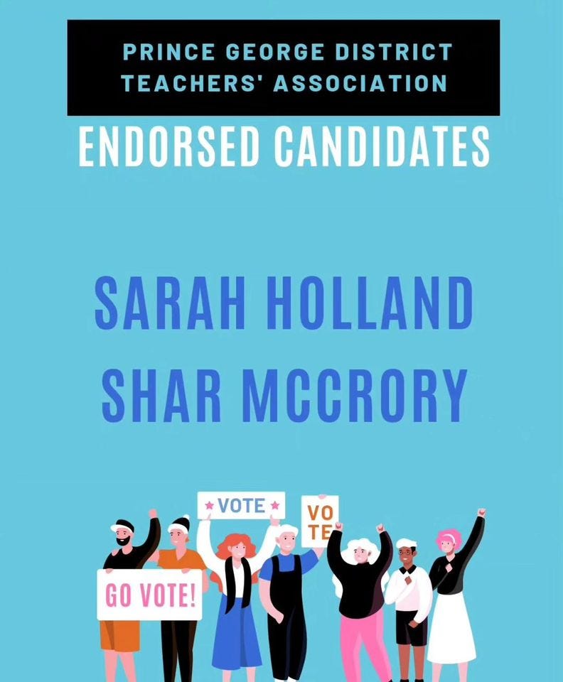 May be an image of 5 people, poster, magazine and text that says 'PRINCE GEORGE DISTRICT TEACHERS' ASSOCIATION ENDORSED CANDIDATES SARAH HOLLAND SHAR MCCRORY VOTE vo TE GO VOTE!'