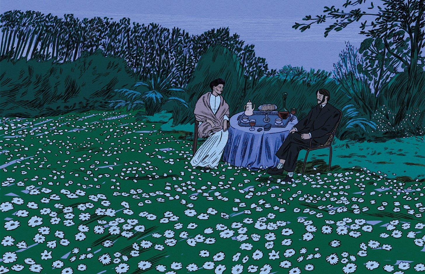 Two people dining in a field of flowers.