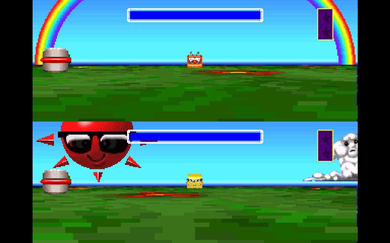 A screenshot showing the view at the start of a fight, with a rainbow and a huge red sun wearing sunglasses visible in the arena. The two robots are just facing each other in the direct middle of the screen, which is split in two in order to show off each players' view.