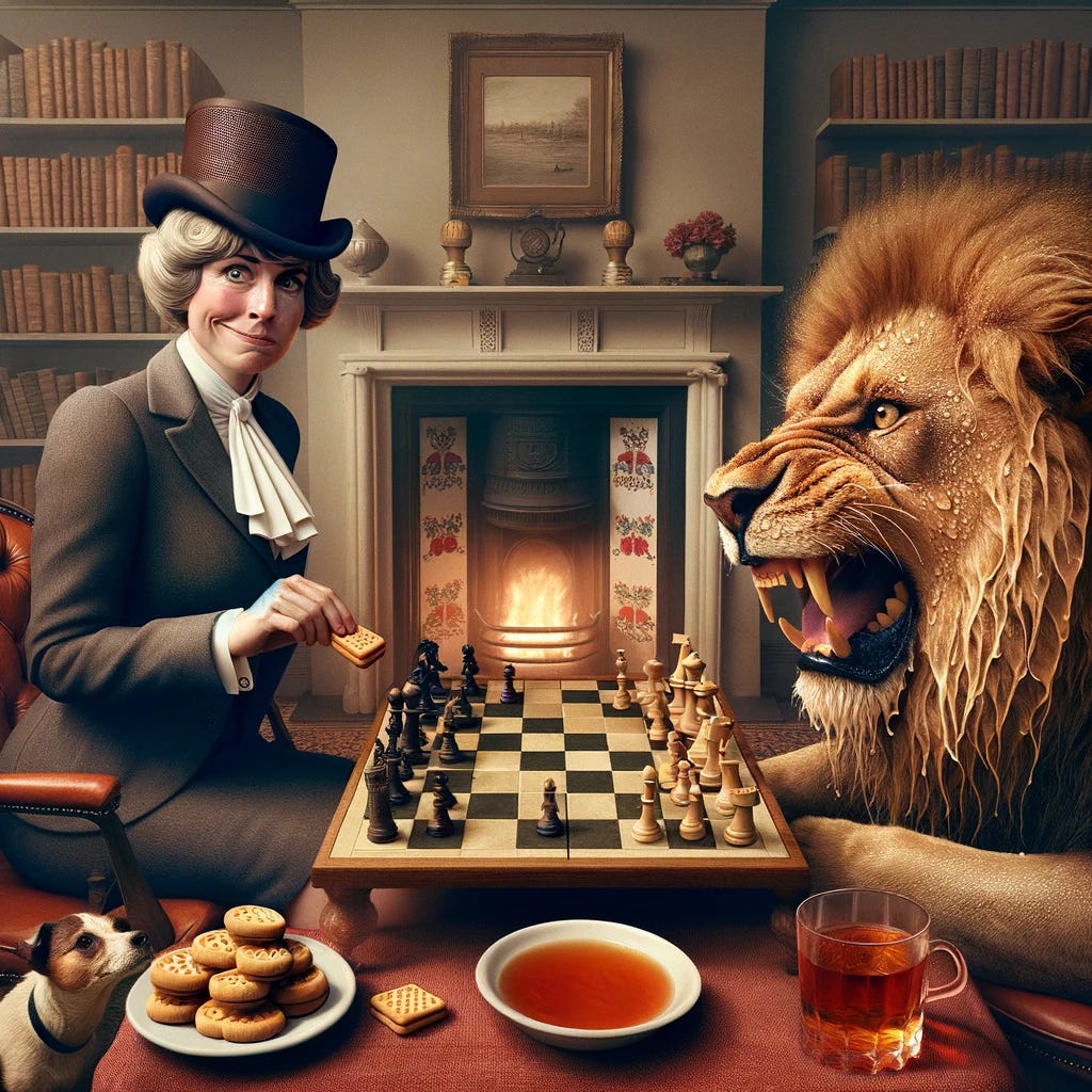 A creative and whimsical scene depicting a smug female British civil servant, wearing a formal suit, playing chess against a sweating, worried lion. The setting is a cozy, British-style room with a fireplace and bookshelves. The civil servant, with a confident smirk, has a plate of Hobnobs beside her and a playful dog sitting at her feet. The lion, looking anxious and overwhelmed, sits across from her at the chess table, visibly perspiring as it contemplates its next move. The atmosphere is both surreal and humorous, emphasizing the bizarre game.